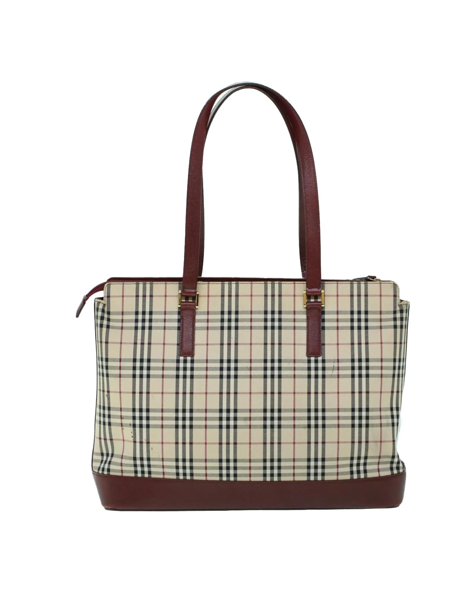 Canvas and Leather Tote Bag with Check Pattern