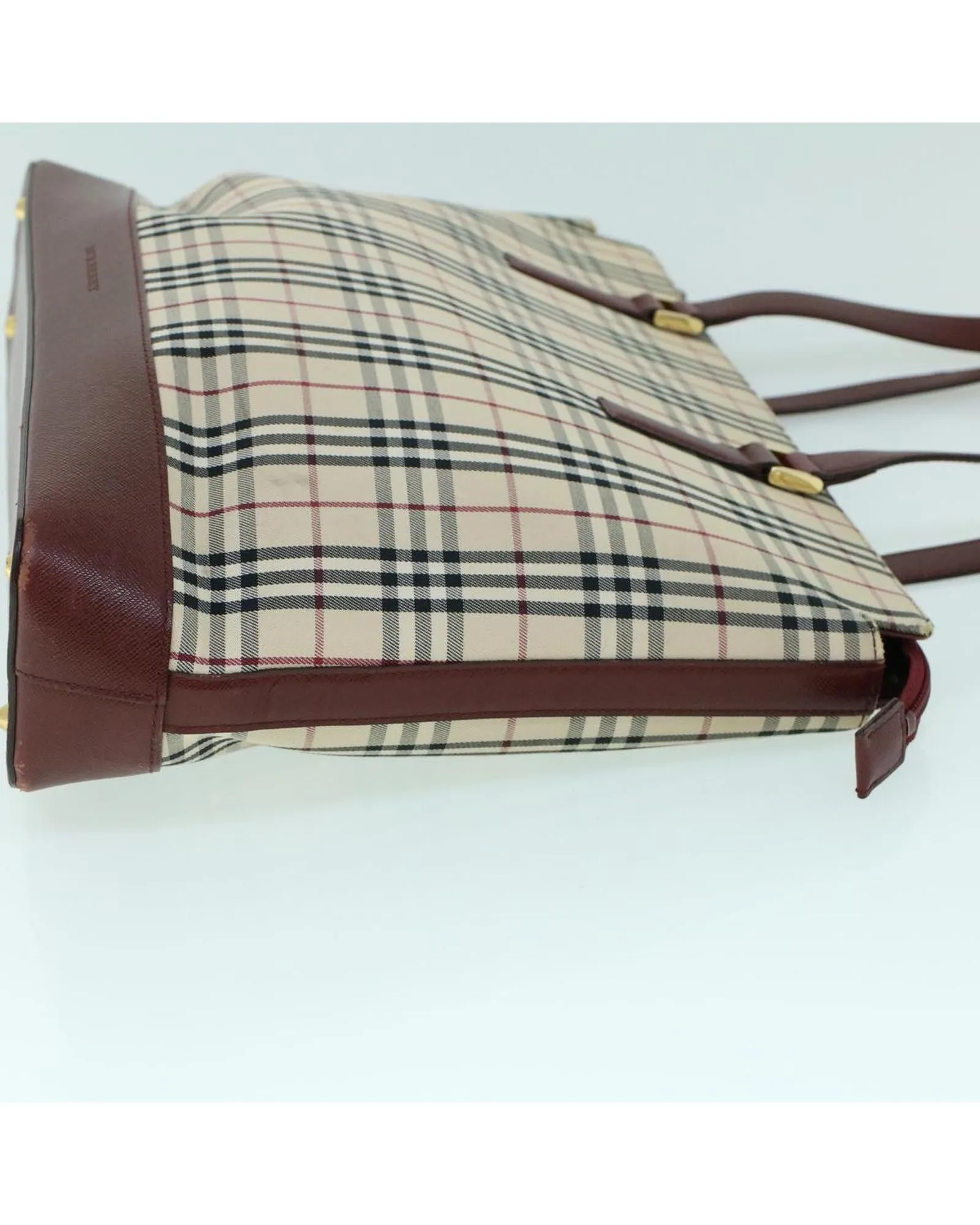 Canvas and Leather Tote Bag with Check Pattern