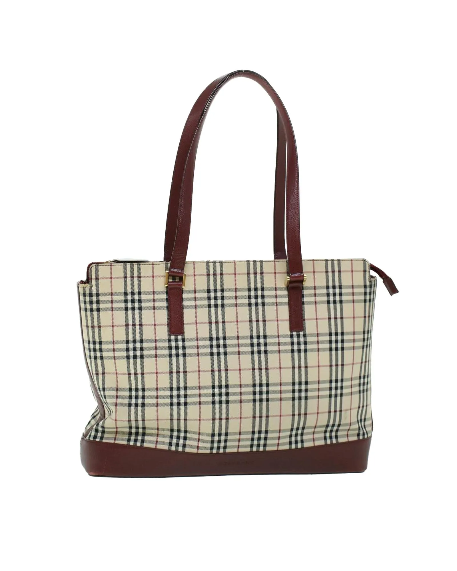 Canvas and Leather Tote Bag with Check Pattern