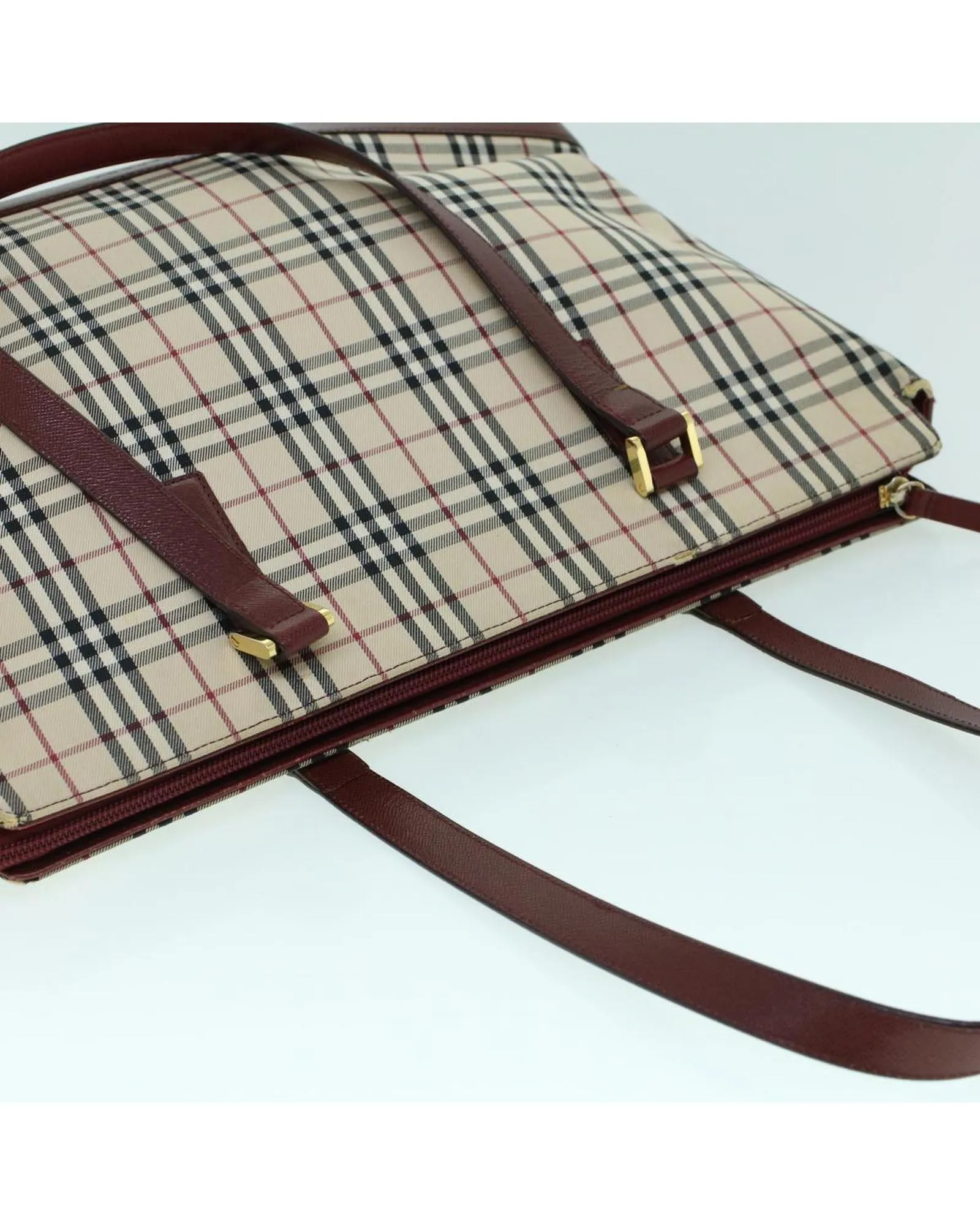 Canvas and Leather Tote Bag with Check Pattern