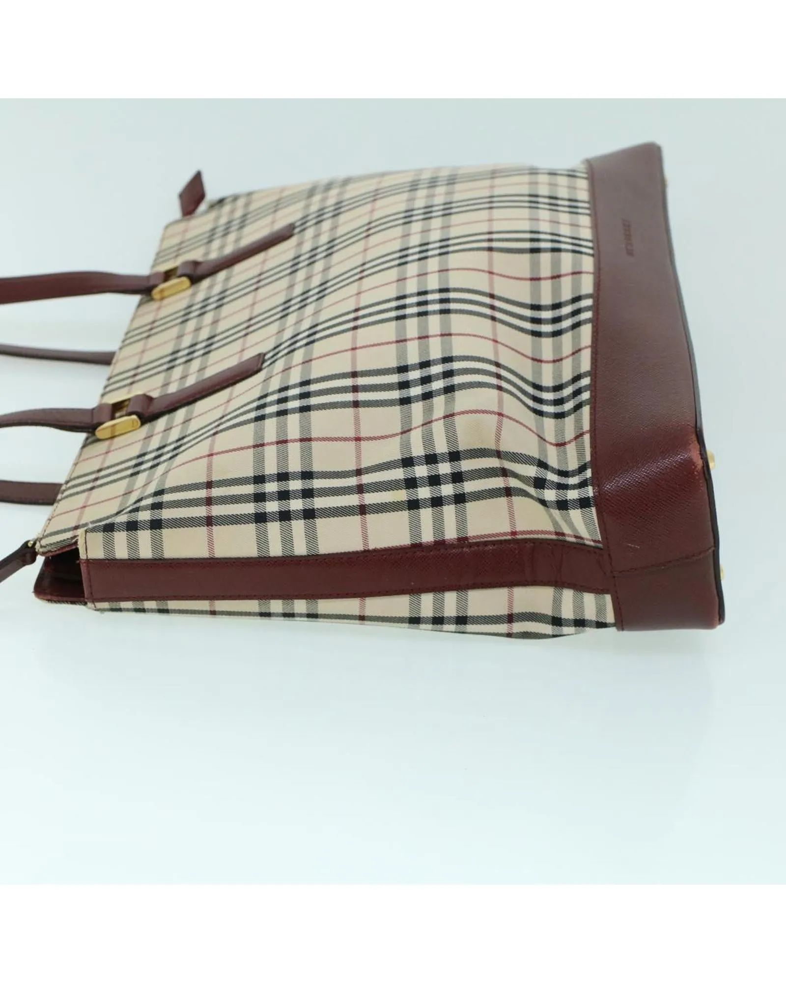 Canvas and Leather Tote Bag with Check Pattern