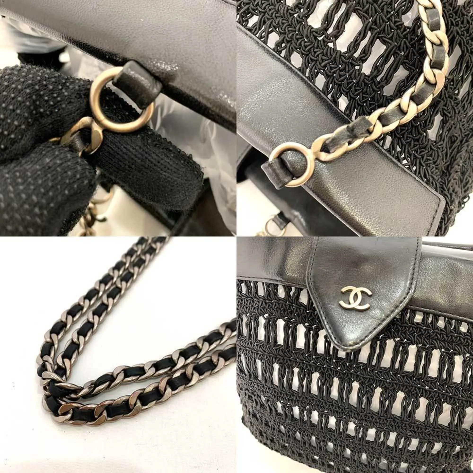 CHANEL Bag Chain Tote Black Mesh Stitch Handbag Coco Mark Ladies Canvas x Leather