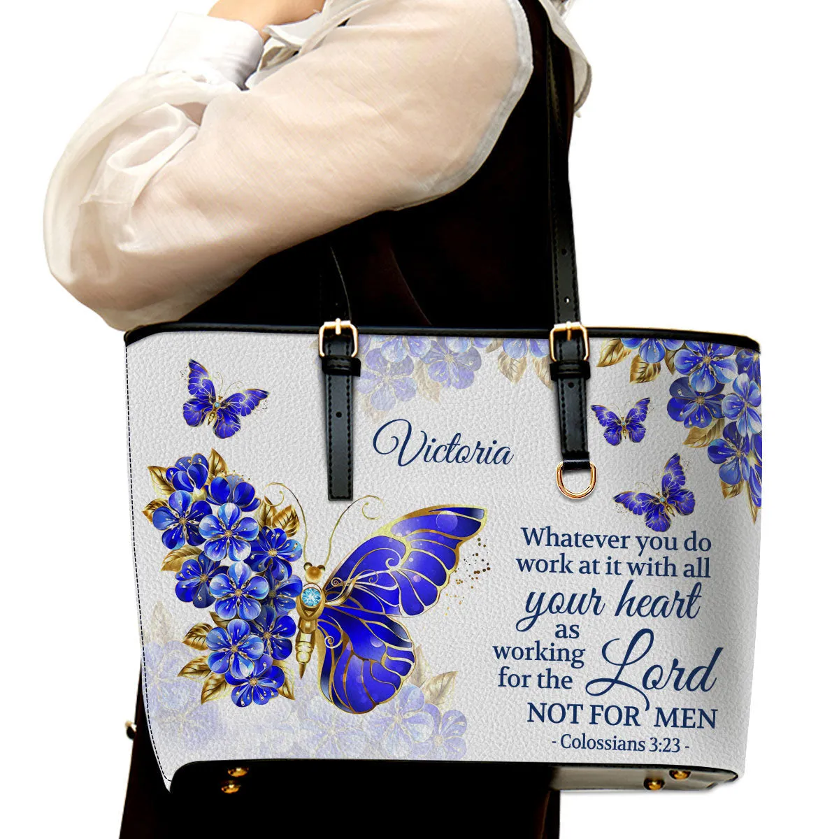 Colossians 323 Whatever You Do Work Butterfly & Flower Personalized Large Leather Tote Bag - Christian Gifts For Women