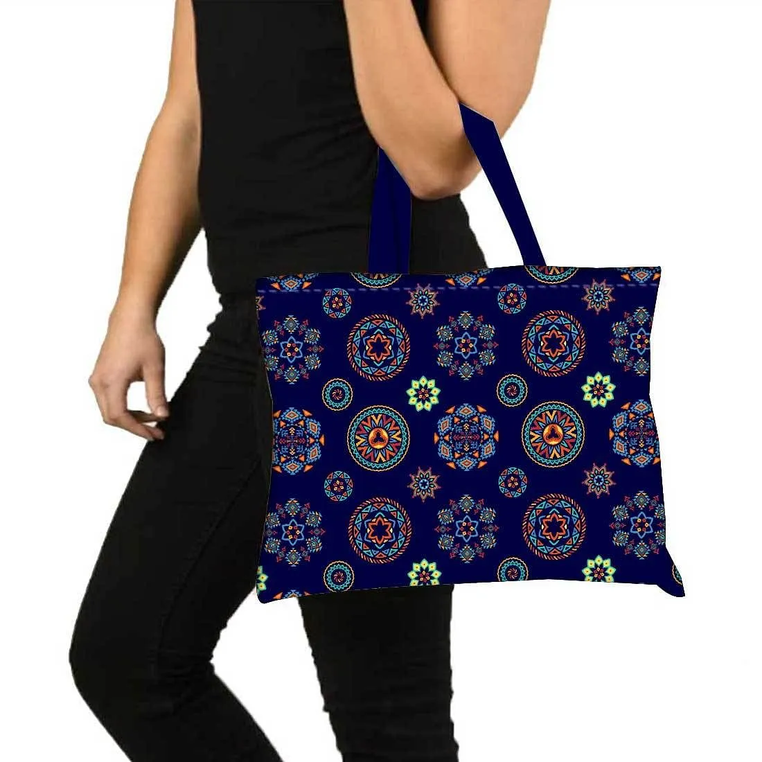 Designer Tote Bag With Zip Beach Gym Travel Bags -  Dark Blue Ethnic Patterns