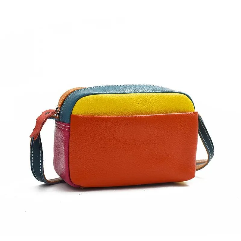 Genuine Leather Crossbody Bags Colorful Quilted Outer Pocket Small Multicolor