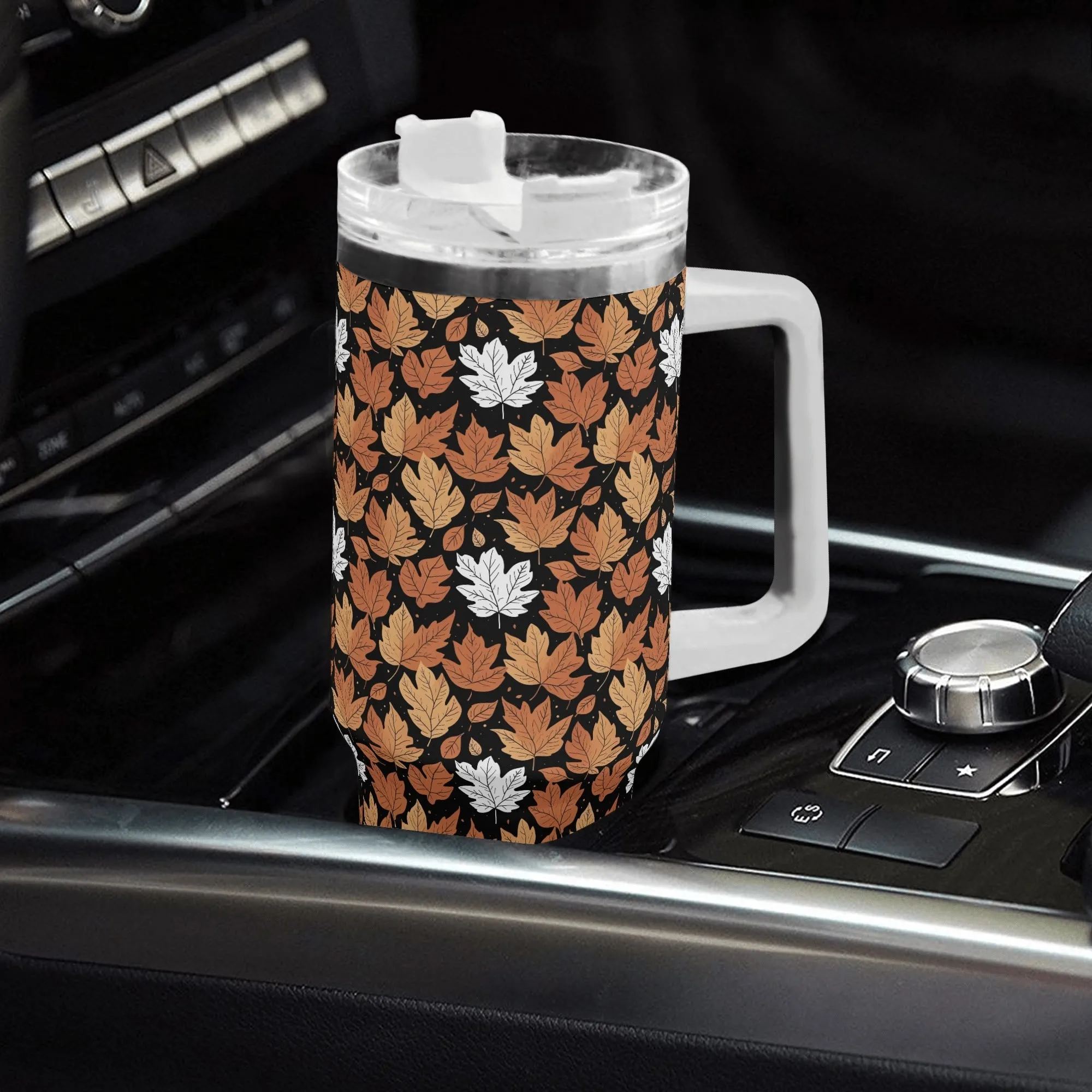 Maple Leaves 40oz Stainless Steel Tumbler Gift With White Handle and Straw