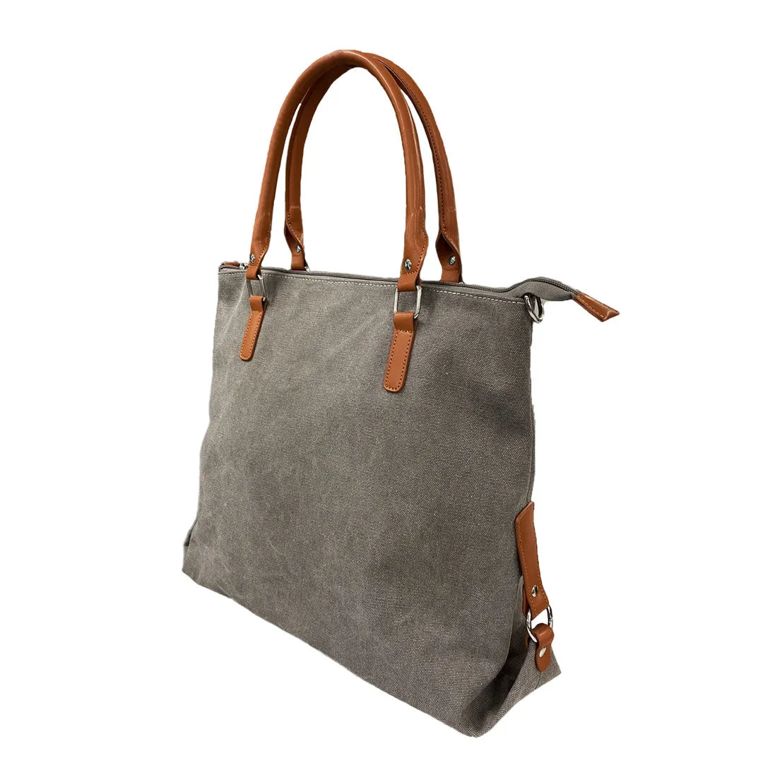 MINKARA - Women's Grey Canvas Tote Bag with Genuine Leather Straps