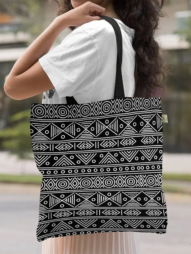 Premium Cotton Canvas Tote Bag- Aztec Black