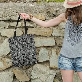 Premium Cotton Canvas Tote Bag- Aztec Black