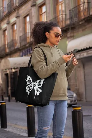 Premium Cotton Canvas Tote Bag- Butterfly Black