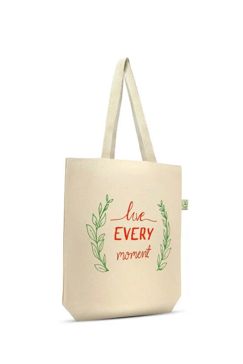 Premium Cotton Canvas Tote Bag- Live Every Moment White