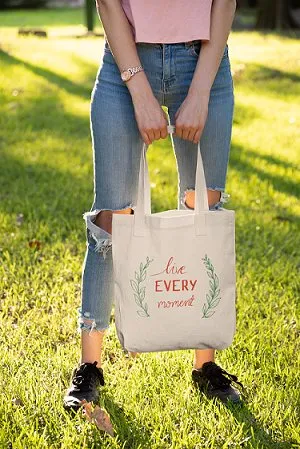 Premium Cotton Canvas Tote Bag- Live Every Moment White