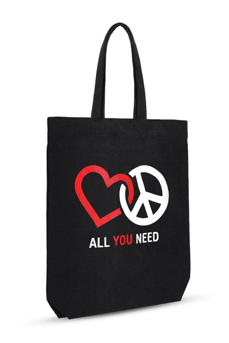 Premium Cotton Canvas Tote Bag- Peace & Love Black