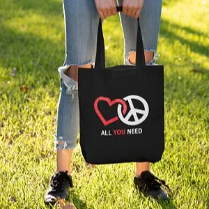 Premium Cotton Canvas Tote Bag- Peace & Love Black