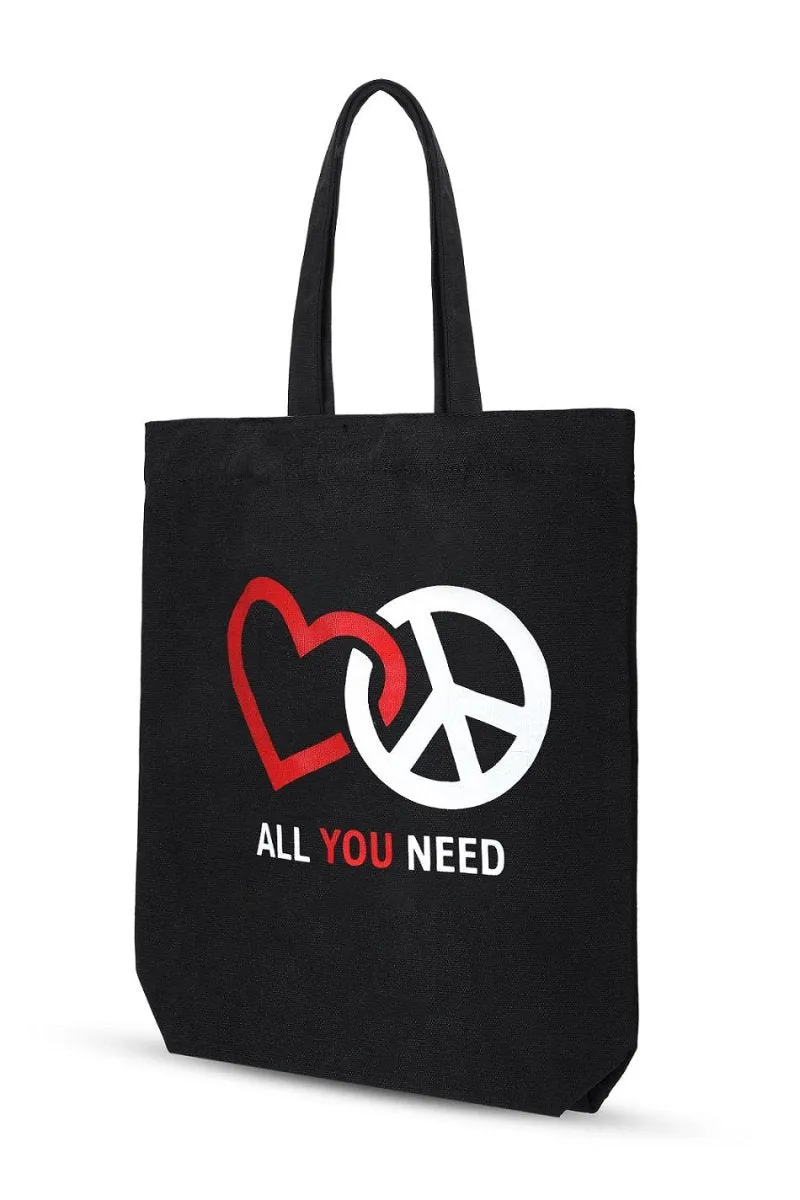 Premium Cotton Canvas Tote Bag- Peace & Love Black