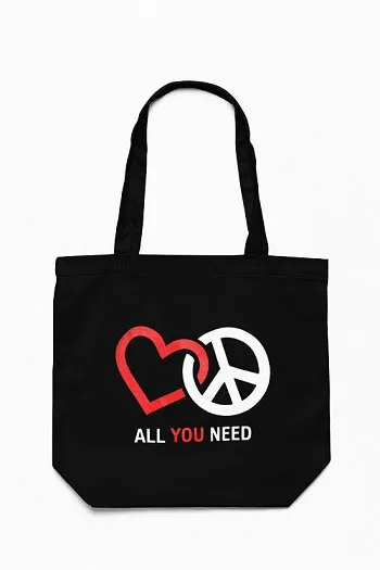 Premium Cotton Canvas Tote Bag- Peace & Love Black