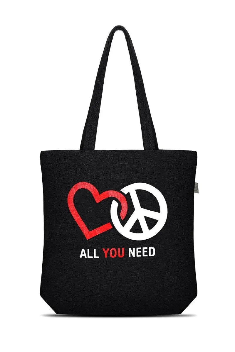 Premium Cotton Canvas Tote Bag- Peace & Love Black