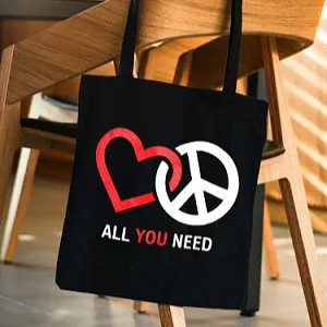 Premium Cotton Canvas Tote Bag- Peace & Love Black