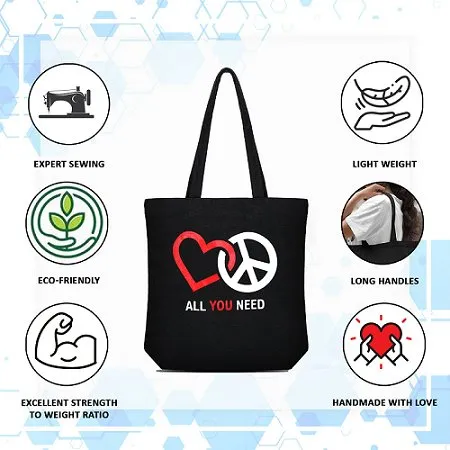 Premium Cotton Canvas Tote Bag- Peace & Love Black