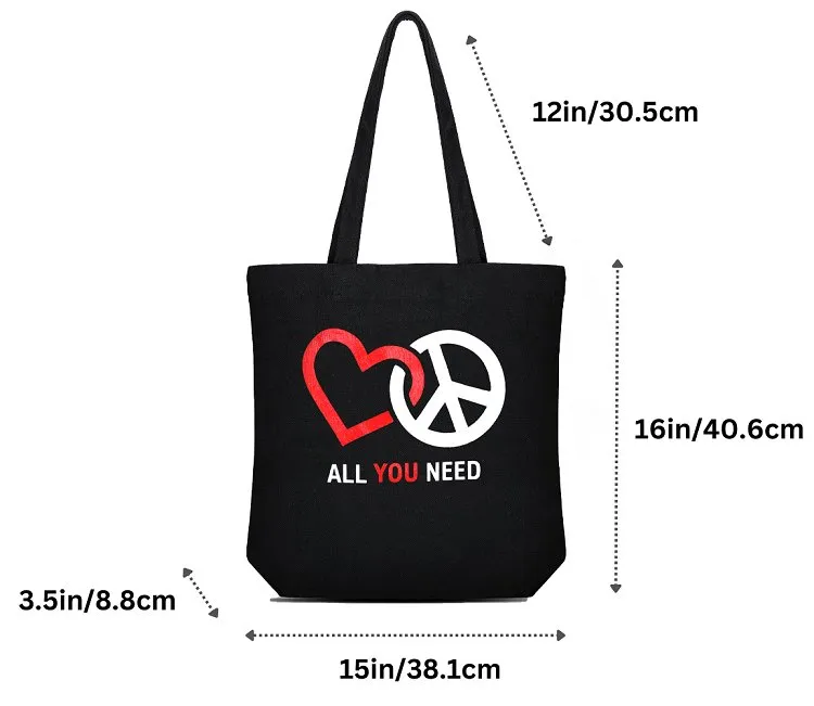 Premium Cotton Canvas Tote Bag- Peace & Love Black