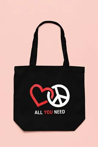 Premium Cotton Canvas Tote Bag- Peace & Love Black