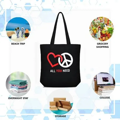 Premium Cotton Canvas Tote Bag- Peace & Love Black