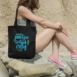 Premium Cotton Canvas Tote Bag- Positive Vibes Black