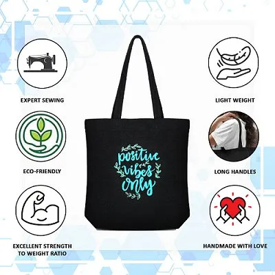 Premium Cotton Canvas Tote Bag- Positive Vibes Black