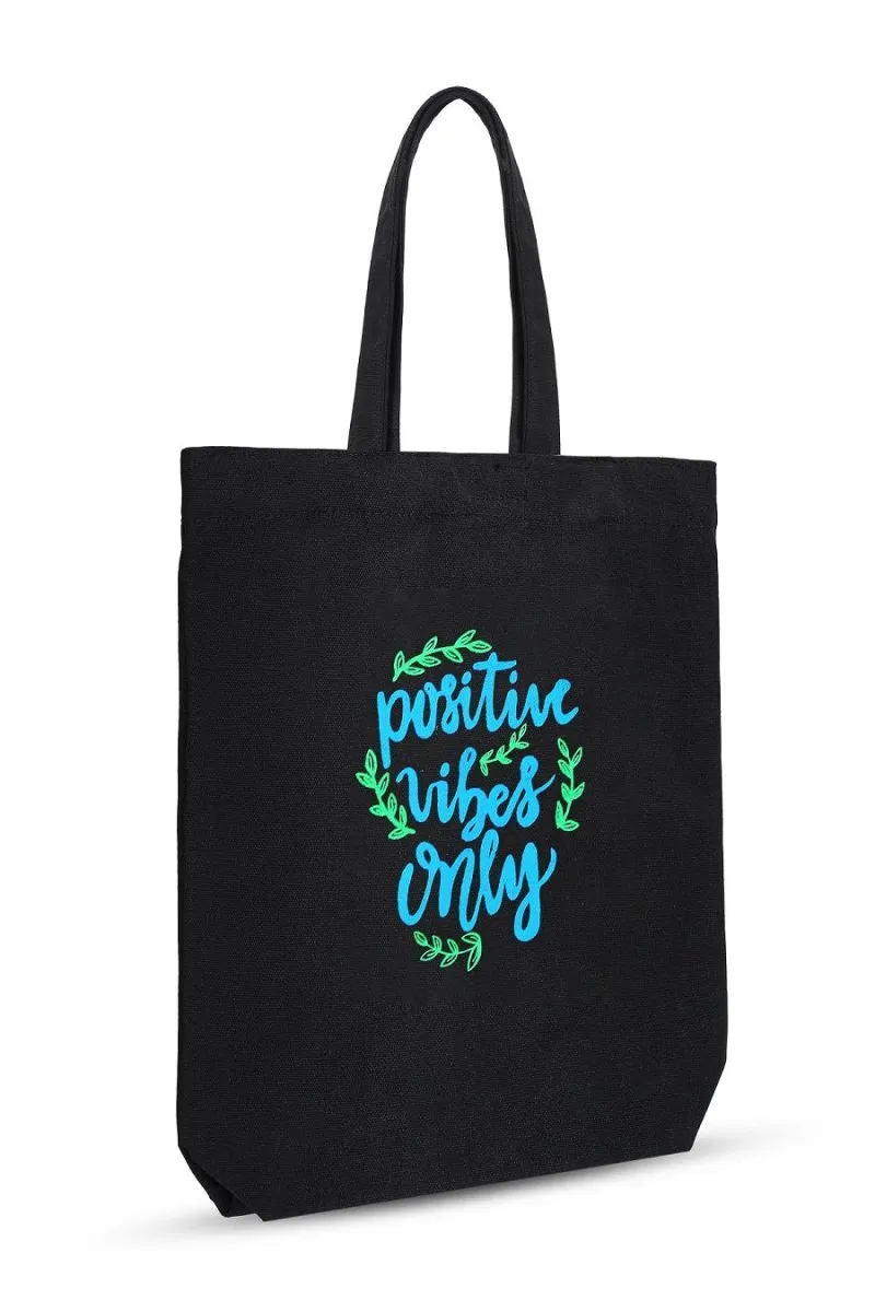 Premium Cotton Canvas Tote Bag- Positive Vibes Black