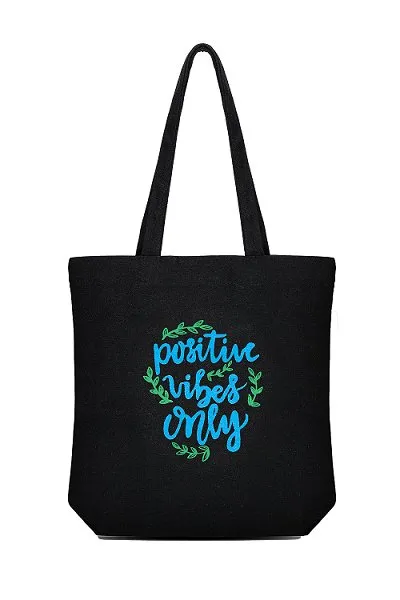 Premium Cotton Canvas Tote Bag- Positive Vibes Black