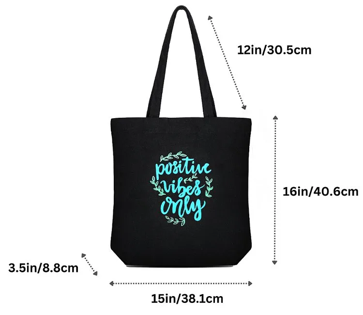 Premium Cotton Canvas Tote Bag- Positive Vibes Black