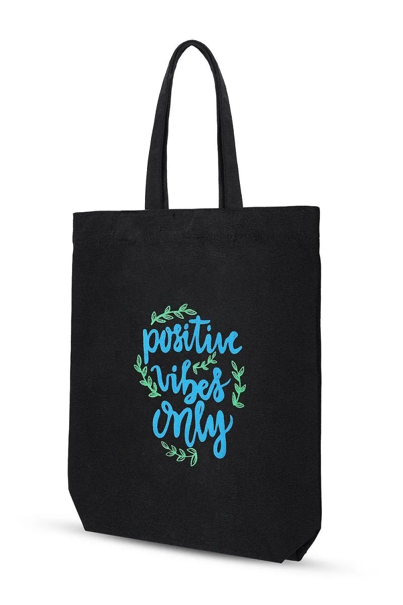 Premium Cotton Canvas Tote Bag- Positive Vibes Black