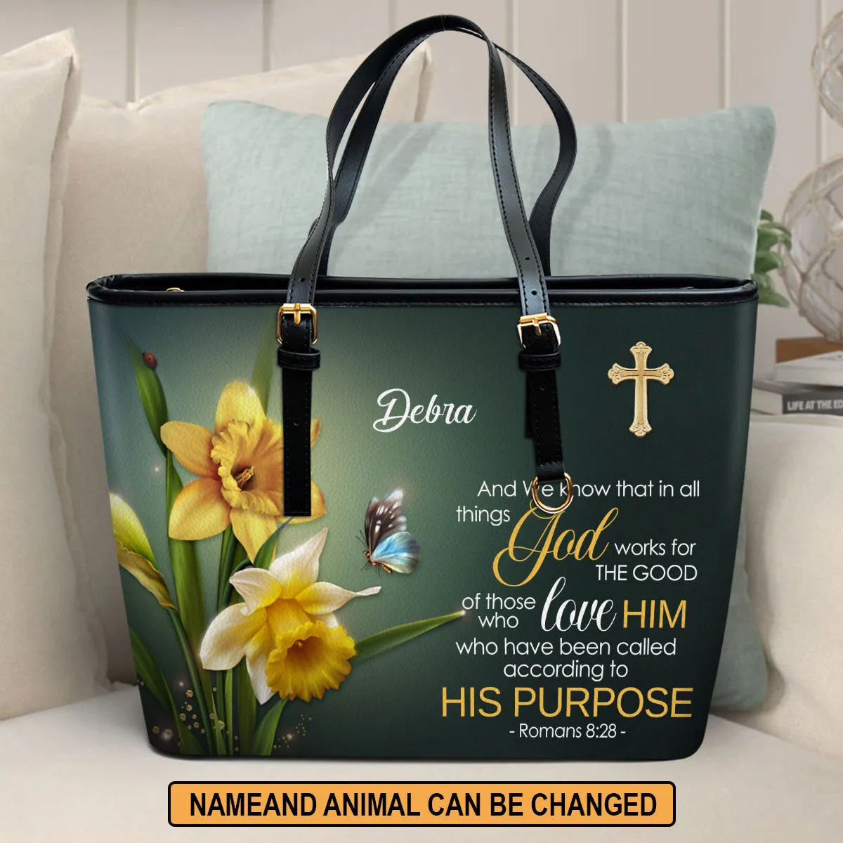 Romans 828 And We Know That All Things Personalized Large Leather Tote Bag - Religious Gifts For Women Of God