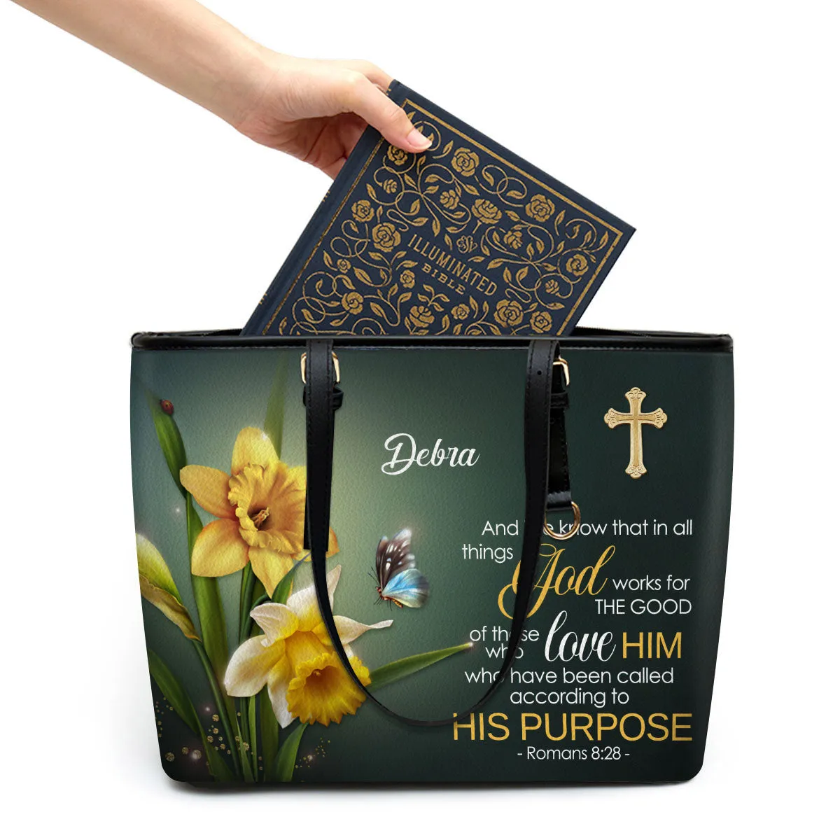 Romans 828 And We Know That All Things Personalized Large Leather Tote Bag - Religious Gifts For Women Of God