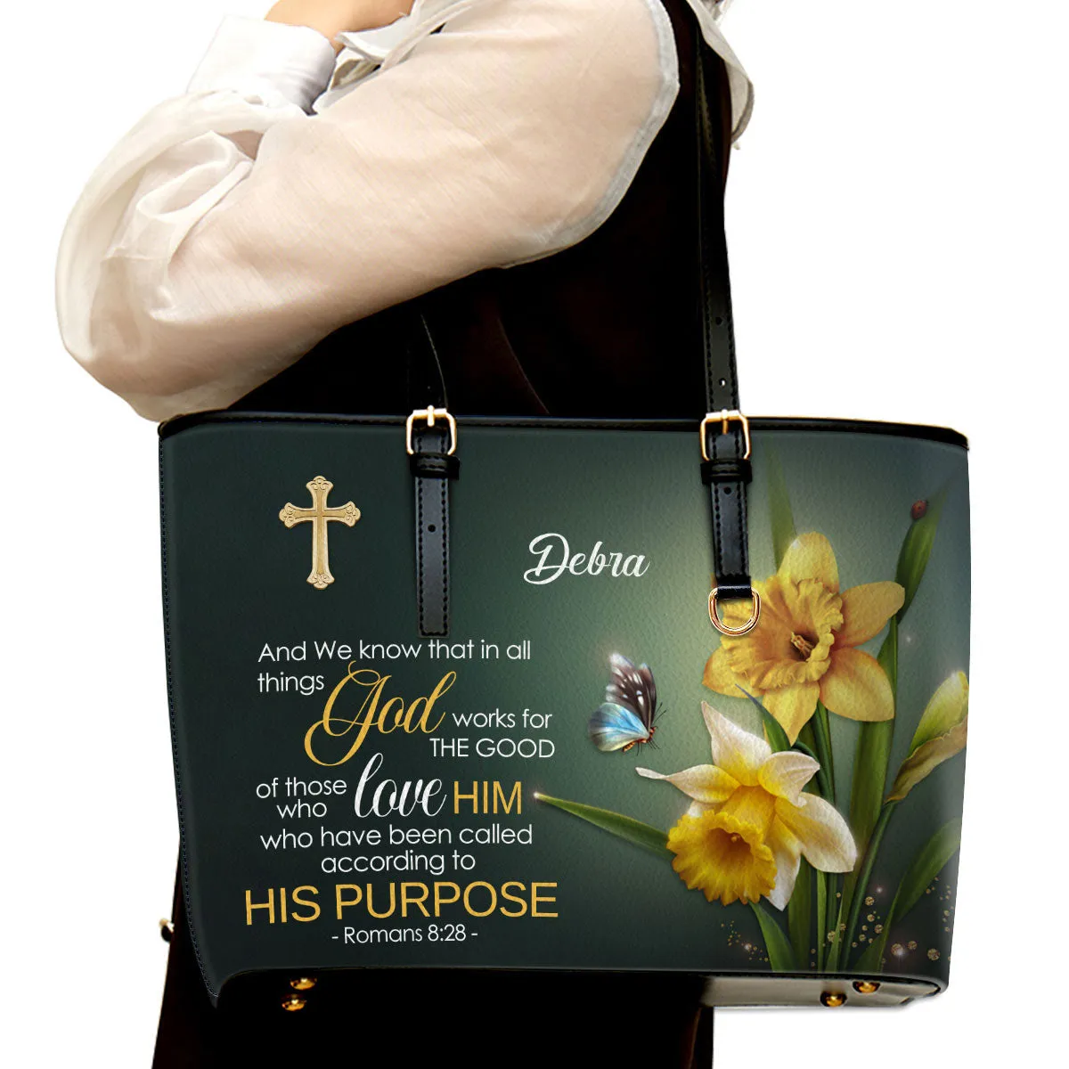 Romans 828 And We Know That All Things Personalized Large Leather Tote Bag - Religious Gifts For Women Of God