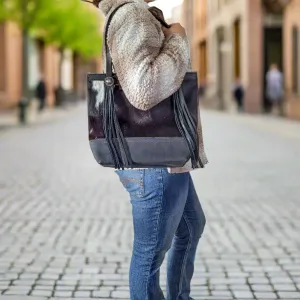 Western Black & White Cowhide Leather Tote Bag - Black Fringe